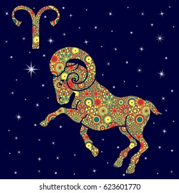 Zodiac sign Aries with colorful flowers fill in warm hues on a background of the blue starry sky, vector illustration