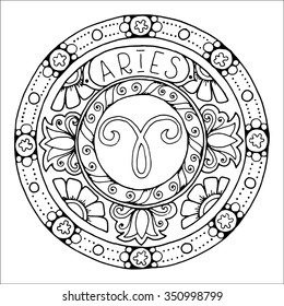 Zodiac sign of aries and constellation in mandala with ethnic pattern. Set of black and white icon. Horoscope and zodiacal template. Can be used for magazine, coloring book. Hand drawn doodle circle.