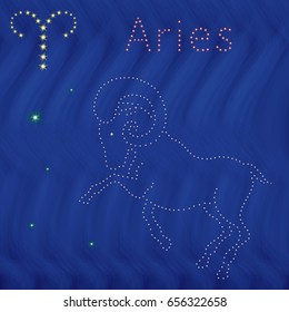 Zodiac sign Aries contour with tiny stars on the background of blue wavy starry sky, vector illustration