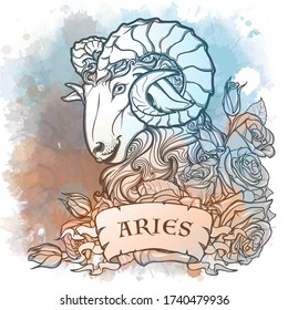 Signo zodiaco de Aries, elemento de Fuego. Dibujo lineal intrincado sobre fondo texturado de acuarela. Mariscos decorativos de rosas. Formato cuadrado. Ilustración vectorial EPS10.