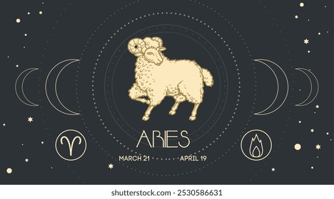 Zodiac sign Aries in engraving hand drawn style. Retro astrological sign Ram design template. Vector illustration.