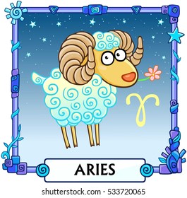 Zodiac sign Aries. Fantastic animation animal. A background - the star sky, a decorative frame. Vector illustration.