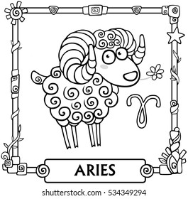 Zodiac sign Aries. Fantastic animation animal, linear drawing. Vector illustration, be used for coloring book.