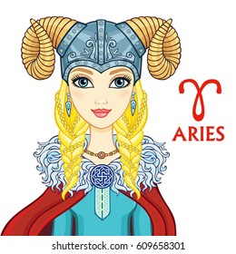 Zodiac sign Aries. Fantastic princess, animation portrait. Vector illustration isolated on a white background.