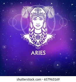 Zodiac sign Aries.  Fantastic princess, animation portrait. White drawing, background - the night stellar sky. Vector illustration.