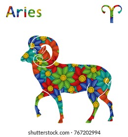 Zodiac sign Aries with filling of colorful stylized flowers on a white background, vector illustration