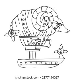 Zodiac sign Aries in the form of a steampunk-style airship. Illustration of an Astrological element in steampunk style, drawn in a linear doodle style. Drawing for a calendar or coloring book.