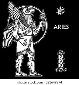  Zodiac sign Aries. Full growth. White drawing isolated on a black background, based on motives of Sumerian art. Vector illustration.