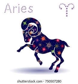 Zodiac sign Aries, hand drawn vector stencil with stylized stars isolated on the white background