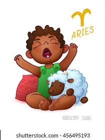 Zodiac sign Aries. Horoscope Sign Aries. African American child enjoys playing Sheep. The kid woke up and tightened.