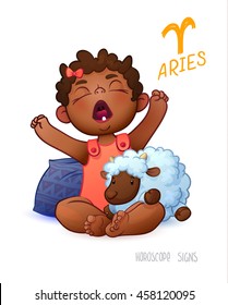 Zodiac sign Aries. Horoscope Sign Aries. African Americam baby girl enjoys playing Sheep. Wake up Baby