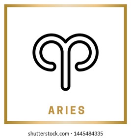 Zodiac sign Aries. Horoscope. Isolated black icon on white background with a golden inscription. Vector illustration.
