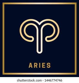 Zodiac sign Aries. Horoscope. Isolated golden symbol on a blue background with a golden inscription. Vector illustration
