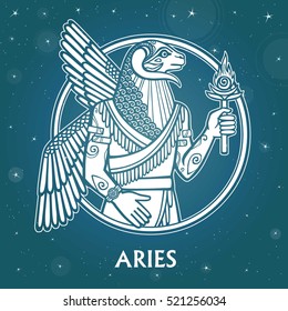 Zodiac sign Aries. Image of the person - a centaur. White drawing based on motives of Sumerian art. Background - the star sky. Vector illustration.