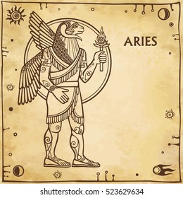 Zodiac sign Aries. Image of the person - a centaur. Character of Sumerian mythology.  Full growth. Background - imitation of old paper, space symbols. The place for the text. Vector illustration.