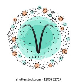 Zodiac sign Aries with ink grunge frame isolated on white background. Zodiac constellation. Design element for horoscope and astrological forecast.