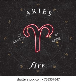 Zodiac Sign Aries Inverted Logo and Fire Lettering with Aries Constellation Stars and Dates in Zodiac Circle - Gold and White Elements on Black Rough Paper Background - Vector Mixed Graphic Design