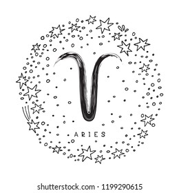 Zodiac sign Aries isolated on white background with stars. Zodiac constellation. Design element for horoscope and astrological forecast. Doodle style.