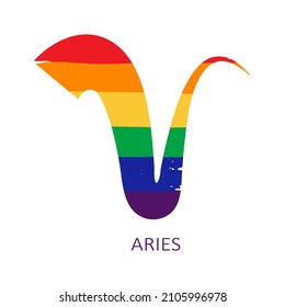 Zodiac sign Aries isolated on white background. Gay rainbow flag colors. Zodiac constellation. Design element for horoscope and astrological forecast. Vector illustration.