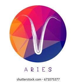 Zodiac sign Aries isolated on bright polygonal background. Design element for badges and stickers.