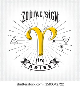 Zodiac Sign Aries Logo and Fire Lettering with Aries Constellation Stars and Dates over Rays Circle - Black on White Striped Background - Vector Vintage Graphic Design