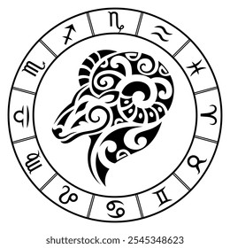 Sinal de Zodíaco Aries em estilo de tatuagem maori. Emblema de astrologia