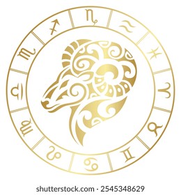 Sinal de Zodíaco Aries em estilo de tatuagem maori. Emblema de astrologia