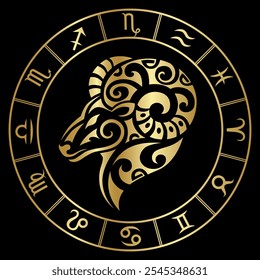 Sinal de Zodíaco Aries em estilo de tatuagem maori. Emblema de astrologia