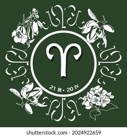 Signo zodiaco Aries del 21 de marzo al 20 de abril. Logo del Horoscopio en un fondo verde oscuro. Flores druidas: zorro, magnolia, hidrangea.