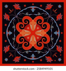 Zodiac Sign Aries Neck Scarf. Vector Astrology Design for Neckerchief, Carpet, Kerchief, Bandana, Shawl, or Tablecloth