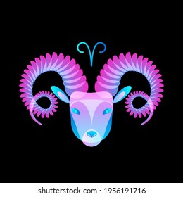 Zodiac sign aries neon on black background, horoscope. Stock vector illustration. 