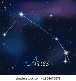 Zodiac sign Aries on against the background of the starry sky. Constellation Aries on starry night background. Astrological zodiac against the background of space.