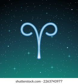Zodiac sign Aries on the background of the starry sky. Glowing vector symbol. The concept of horoscope, destiny, constellations, astrology, esoteric. Vector illustration