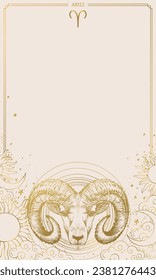 Zodiac sign Aries, outline hand drawing, modern vertical mystical astrological chart on a beige background with copy space for text. Vintage horoscope vector illustration.