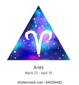 Zodiac sign Aries over hipster triangle with space galactic starry texture inside. Night sky full of stars. Vector galaxy design for horoscope predictions, fortune telling, posters. Inner space.