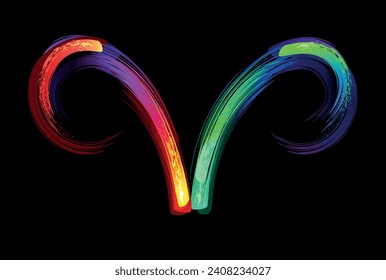 Zodiac sign Aries, painted with large strokes of rainbow, bright, multicolor, luminescent, neon paint on black background. Zodiac symbol. Hand drawn vector art.