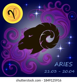 Signo zodiaco Aries colocado en el fondo del cielo nocturno con luna, estrellas y elementos decorativos.