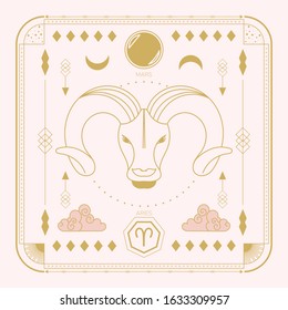 Zodiac sign - Aries and its planet ruler Mars. Thin linear vector design.