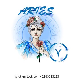 Zodiac sign Aries. Portrait of a lady with roses in the zodiac circle.Digital watercolor.