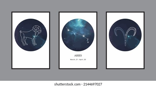 Signo zodiaco - Aries. Conjunto de vectores de afiches.
Símbolos del horóscopo, astrología de estrellas, signos de astrología, íconos. La decoración de las paredes.