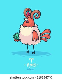 Zodiac sign aries. Rooster and cabbage. Greeting card background poster. Vector illustration. Horoscope 