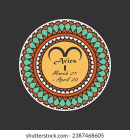 Zodiac sign Aries in a round paterned frame. Icon, emblem on a black background. Vector illustration svg