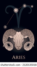 zodiac sign aries, sheep head, black and gold, with space (stars)