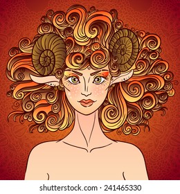 Zodiac sign aries. Sheep women with the curly fire hair. Chinese calendar.