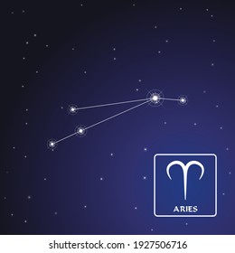 Zodiac sign Aries in the starry sky. Schematic representation of the zodiac sign with its name and symbol