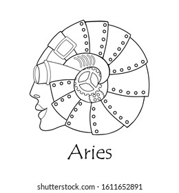 Zodiac sign of Aries in steampunk style. Girl's face is in profile with metal horns on her head. Horoscope icon. Isolated image for logotype or emblem. Vector illustration. Black and white coloring