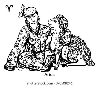 Zodiac sign. Aries. Uzbek style. Vector image