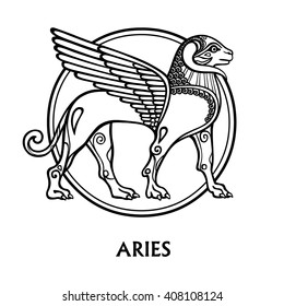  Zodiac sign Aries. Vector art. Black and white zodiac drawing isolated on white.