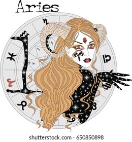 Zodiac sign Aries  - Vector illustration of the girl 