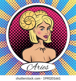 Zodiac sign Aries woman. Pop art vector illustration. Line art, ideal for poster, print, postcard, colouring book.	
